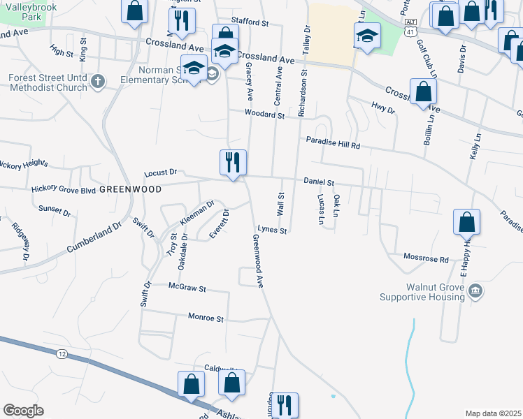map of restaurants, bars, coffee shops, grocery stores, and more near 923 Greenwood Avenue in Clarksville