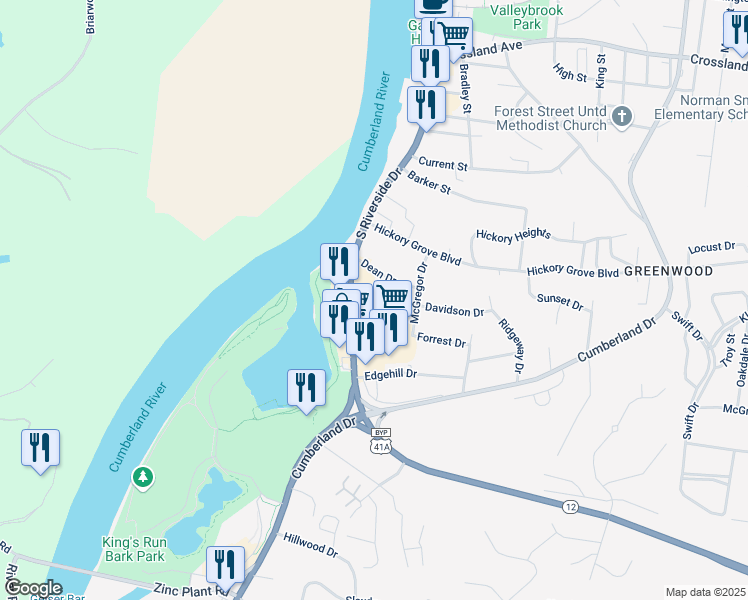 map of restaurants, bars, coffee shops, grocery stores, and more near 1029 South Riverside Drive in Clarksville