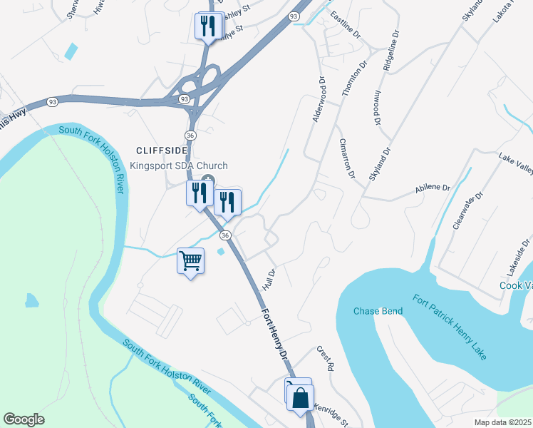 map of restaurants, bars, coffee shops, grocery stores, and more near 3312 Thornton Drive in Kingsport
