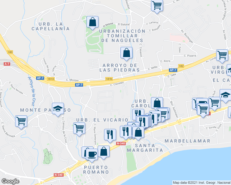 map of restaurants, bars, coffee shops, grocery stores, and more near 1 Calle Virgen de la Antigua in Marbella