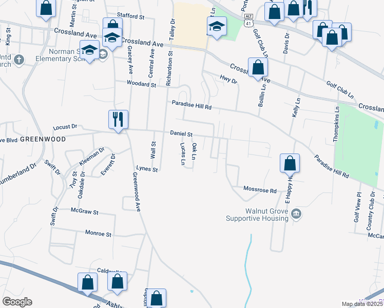 map of restaurants, bars, coffee shops, grocery stores, and more near 916 Oak Lane in Clarksville