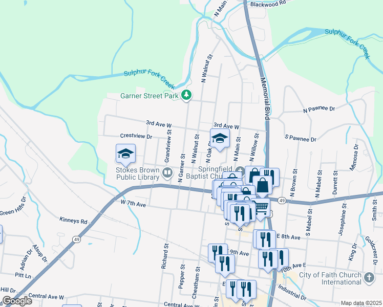 map of restaurants, bars, coffee shops, grocery stores, and more near 326 North Garner Street in Springfield
