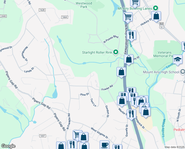 map of restaurants, bars, coffee shops, grocery stores, and more near 501 Mountain Place Lane in Mount Airy