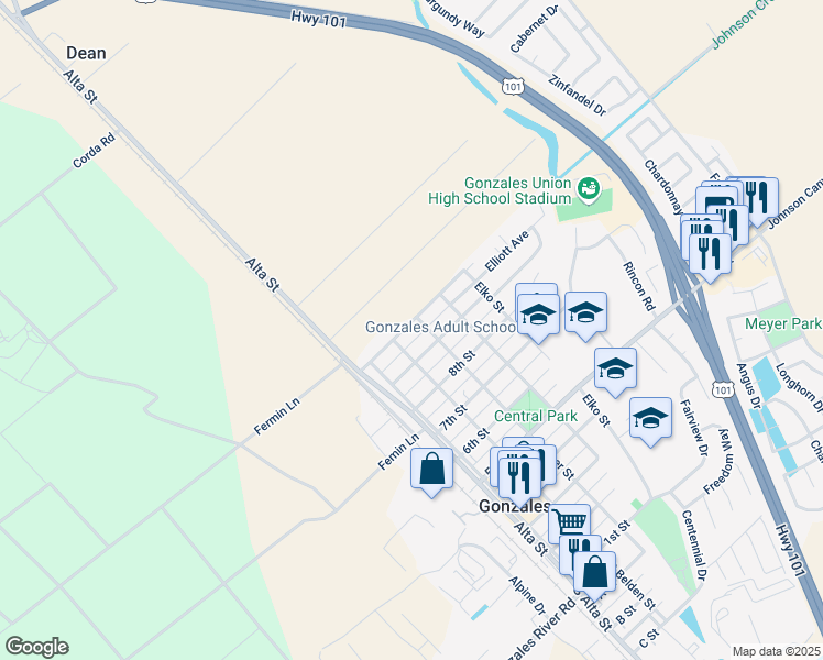 map of restaurants, bars, coffee shops, grocery stores, and more near 132 10th Street in Gonzales