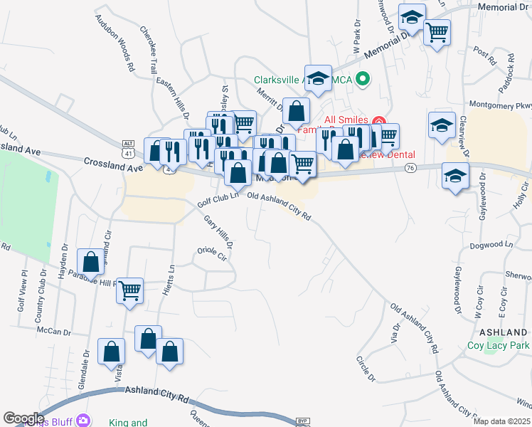 map of restaurants, bars, coffee shops, grocery stores, and more near 10 Proctor Drive in Clarksville