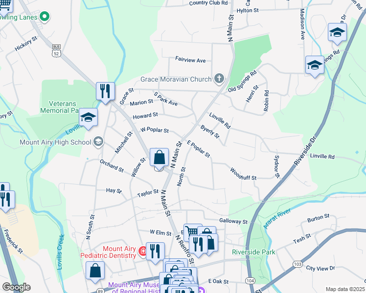 map of restaurants, bars, coffee shops, grocery stores, and more near 1056 North Main Street in Mount Airy