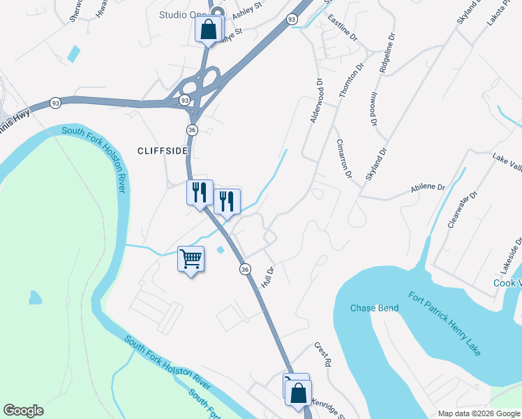 map of restaurants, bars, coffee shops, grocery stores, and more near 3313 Thornton Drive in Kingsport
