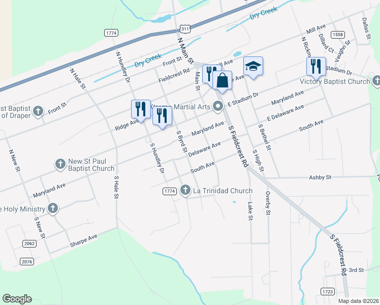 map of restaurants, bars, coffee shops, grocery stores, and more near 208 South Byrd Street in Eden