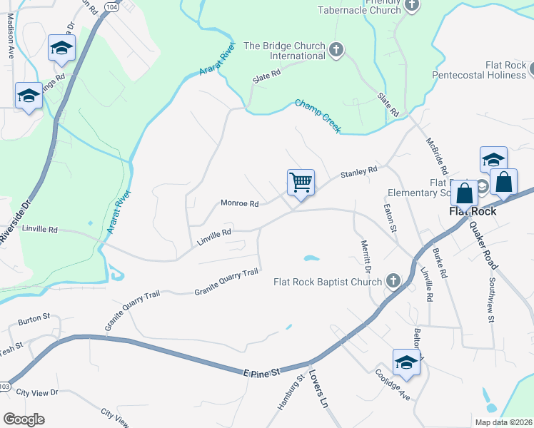 map of restaurants, bars, coffee shops, grocery stores, and more near 1005 Linville Road in Mount Airy