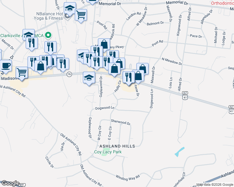 map of restaurants, bars, coffee shops, grocery stores, and more near 310 Holly Circle in Clarksville