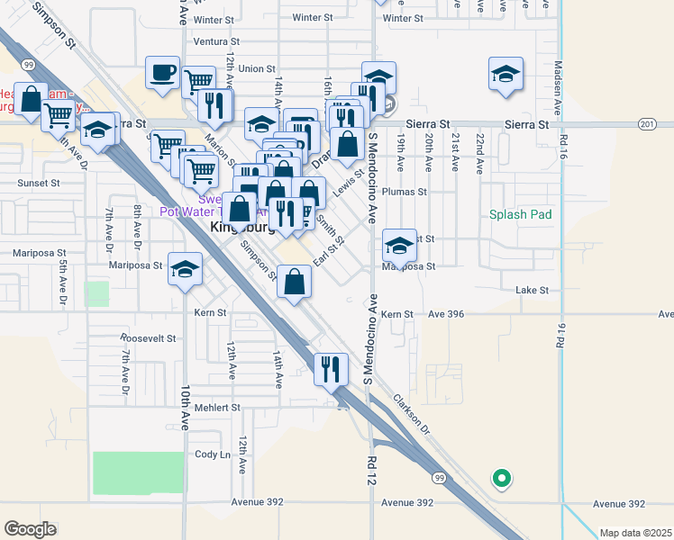 map of restaurants, bars, coffee shops, grocery stores, and more near 1433 Earl Street in Kingsburg