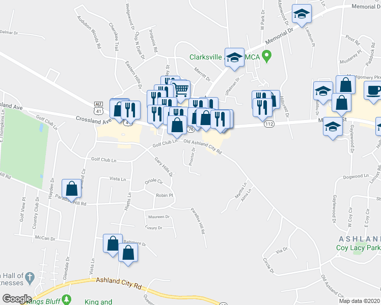 map of restaurants, bars, coffee shops, grocery stores, and more near 2121 Old Ashland City Road in Clarksville