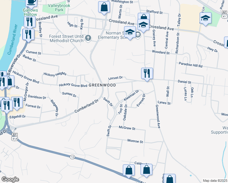 map of restaurants, bars, coffee shops, grocery stores, and more near 724 Woodmont Boulevard in Clarksville