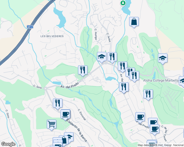 map of restaurants, bars, coffee shops, grocery stores, and more near 46 Avenida del Prado in Marbella