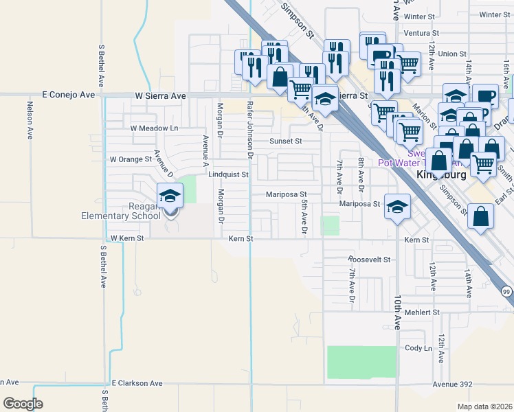 map of restaurants, bars, coffee shops, grocery stores, and more near 261 Mariposa Street in Kingsburg