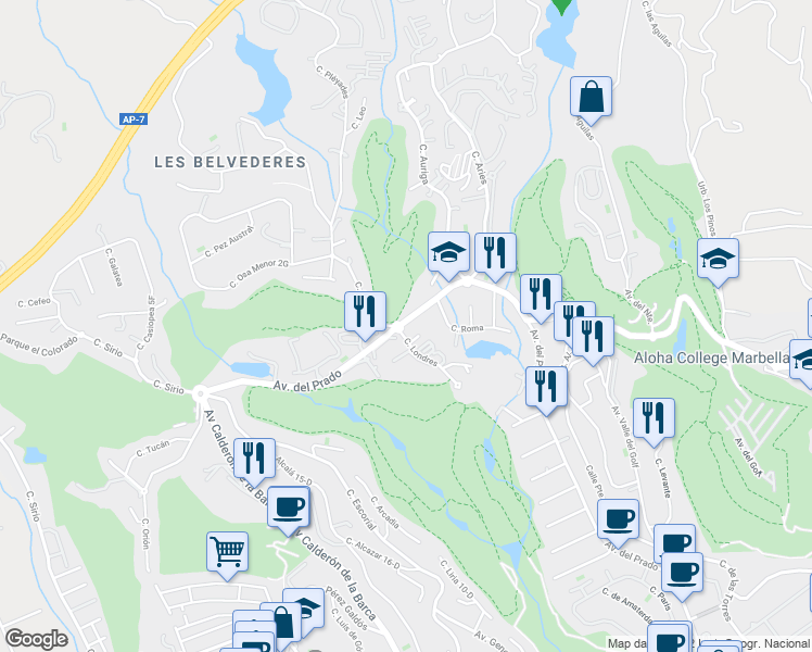 map of restaurants, bars, coffee shops, grocery stores, and more near 46 Avenida del Prado in Marbella