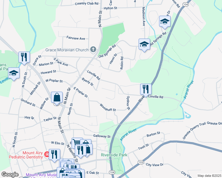 map of restaurants, bars, coffee shops, grocery stores, and more near 332 Linville Road in Mount Airy