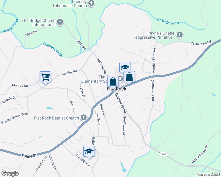 map of restaurants, bars, coffee shops, grocery stores, and more near 131 McBride Road in Mount Airy