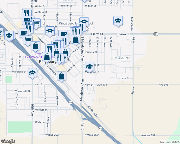 map of restaurants, bars, coffee shops, grocery stores, and more near 1900 Mariposa Street in Kingsburg