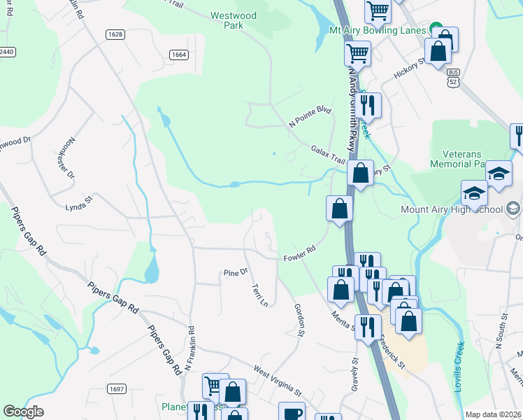 map of restaurants, bars, coffee shops, grocery stores, and more near 530 Mountain Place Lane in Mount Airy