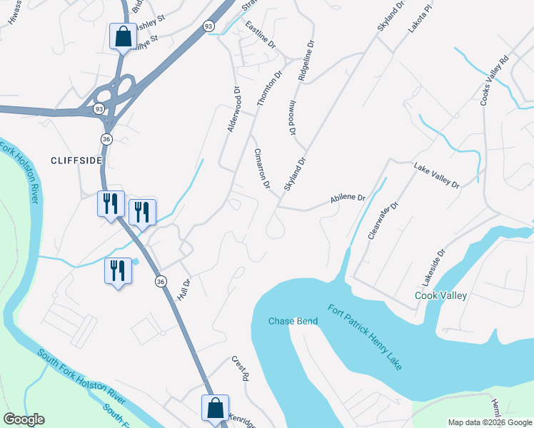 map of restaurants, bars, coffee shops, grocery stores, and more near 3732 Skyland Drive in Kingsport
