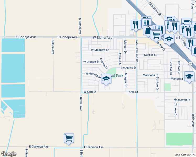map of restaurants, bars, coffee shops, grocery stores, and more near 465 West Nevada Street in Kingsburg