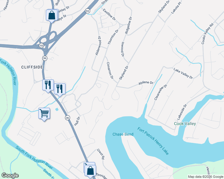 map of restaurants, bars, coffee shops, grocery stores, and more near 3732 Skyland Drive in Kingsport