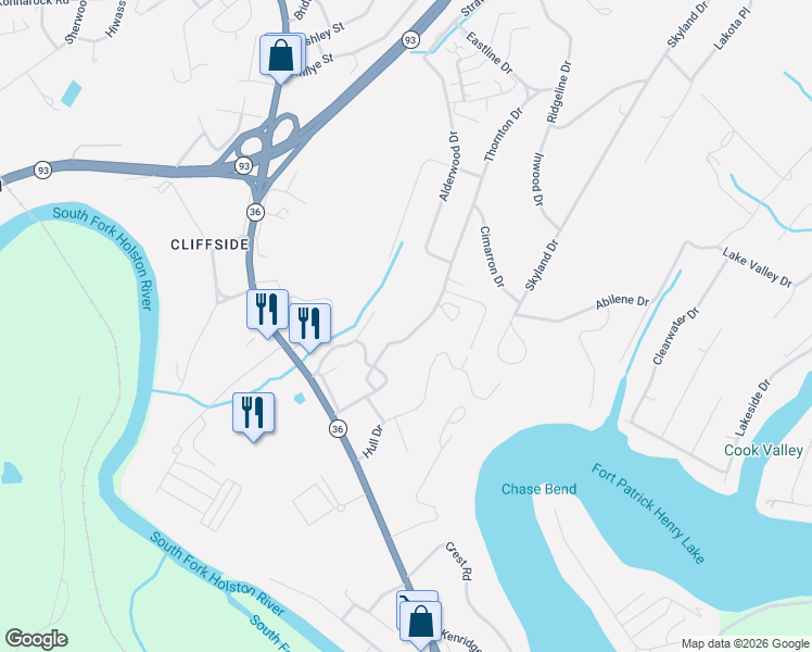 map of restaurants, bars, coffee shops, grocery stores, and more near 3616 Thornton Drive in Kingsport