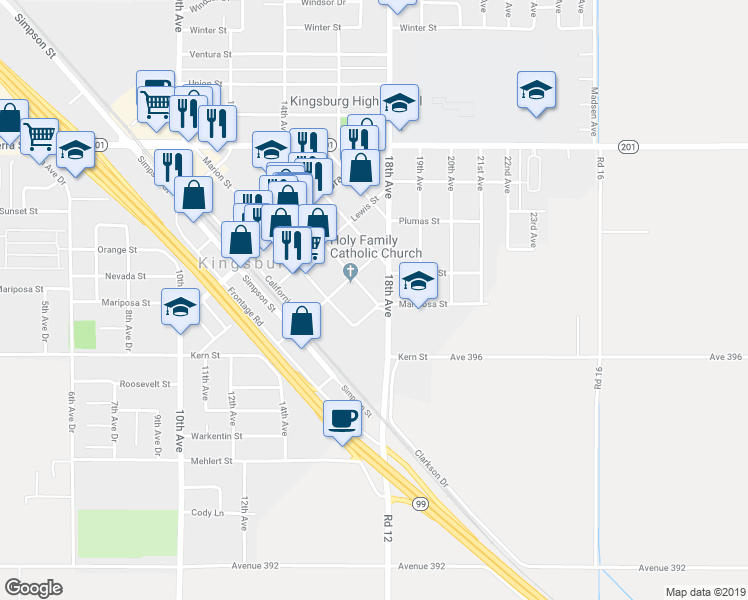 map of restaurants, bars, coffee shops, grocery stores, and more near 1200 Smith Street in Kingsburg