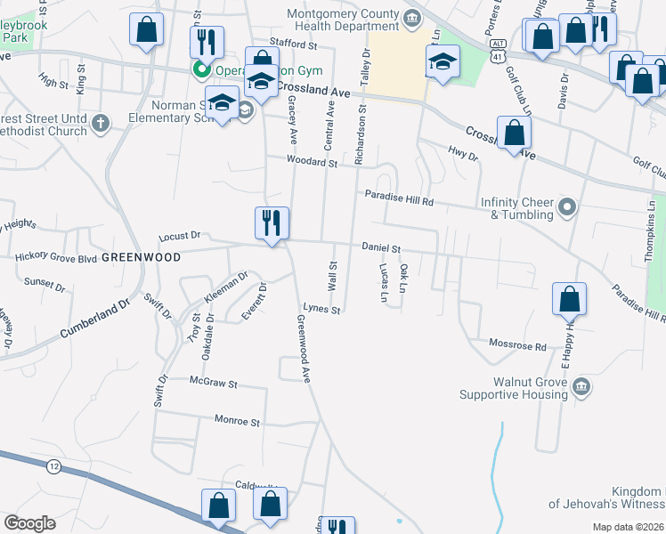 map of restaurants, bars, coffee shops, grocery stores, and more near 907 Wall Street in Clarksville
