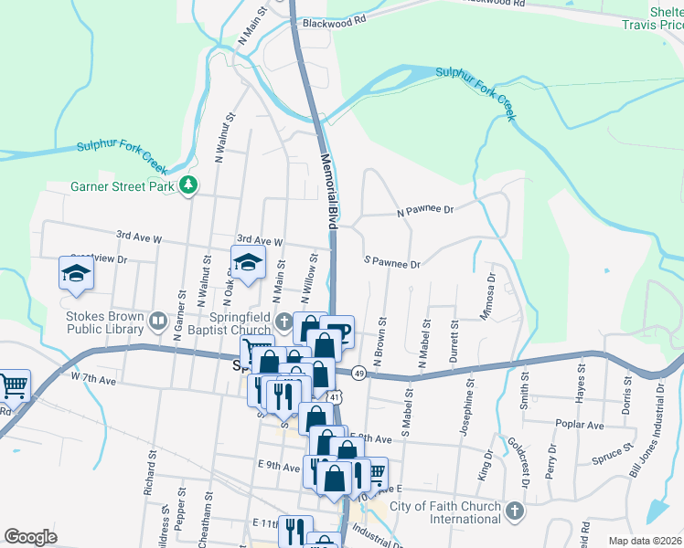map of restaurants, bars, coffee shops, grocery stores, and more near 208 Memorial Boulevard in Springfield
