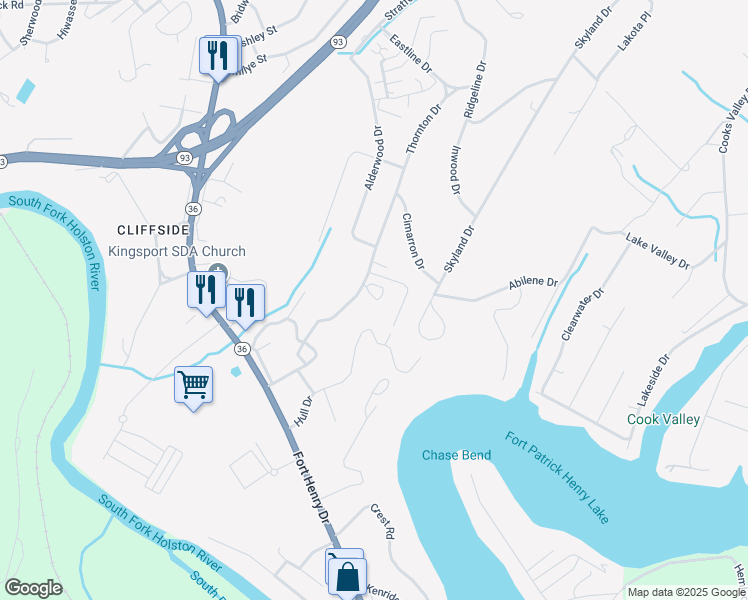 map of restaurants, bars, coffee shops, grocery stores, and more near 3711 Apple Grove Circle in Kingsport