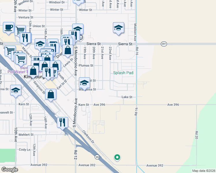 map of restaurants, bars, coffee shops, grocery stores, and more near 1364 22nd Avenue in Kingsburg