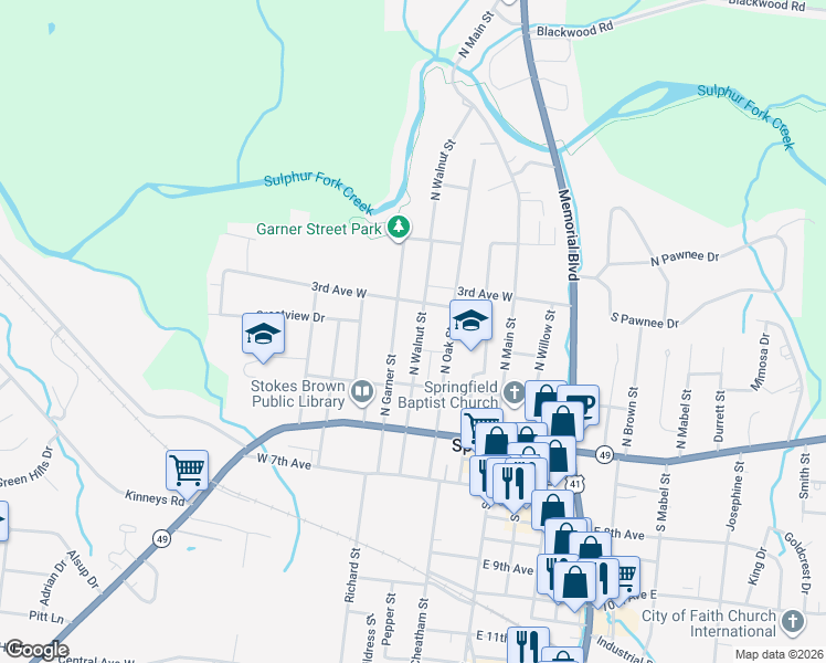 map of restaurants, bars, coffee shops, grocery stores, and more near 308 North Walnut Street in Springfield