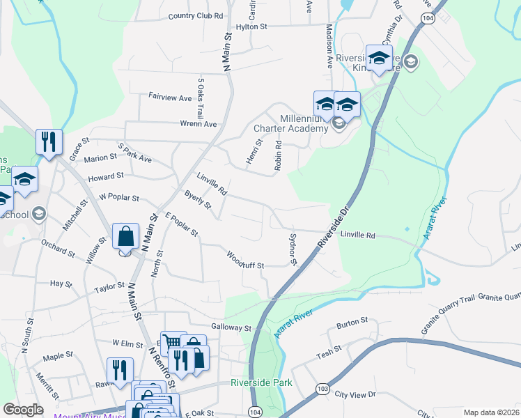 map of restaurants, bars, coffee shops, grocery stores, and more near 332 Linville Road in Mount Airy