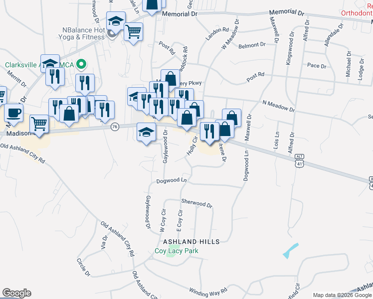 map of restaurants, bars, coffee shops, grocery stores, and more near 310 Holly Circle in Clarksville