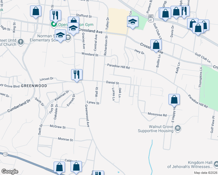 map of restaurants, bars, coffee shops, grocery stores, and more near 1226 Daniel Street in Clarksville