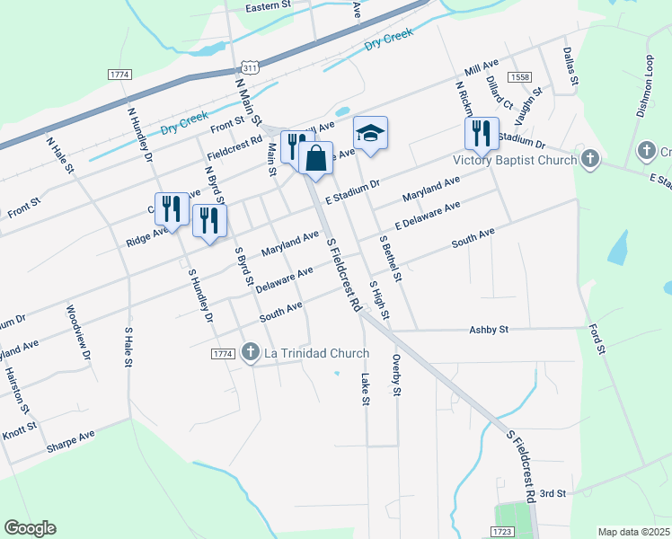 map of restaurants, bars, coffee shops, grocery stores, and more near 205 South Fieldcrest Road in Eden
