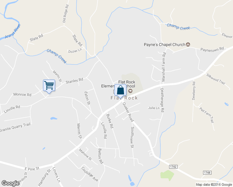 map of restaurants, bars, coffee shops, grocery stores, and more near 131 McBride Road in Mount Airy