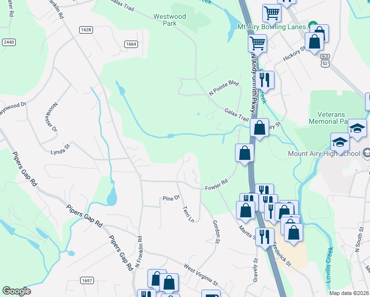 map of restaurants, bars, coffee shops, grocery stores, and more near 530 Mountain Place in Mount Airy