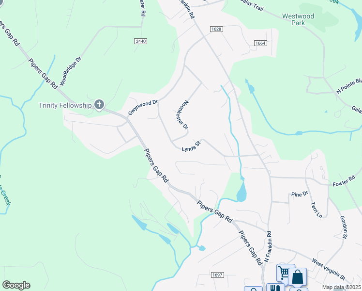map of restaurants, bars, coffee shops, grocery stores, and more near 316 Lynda Street in Mount Airy