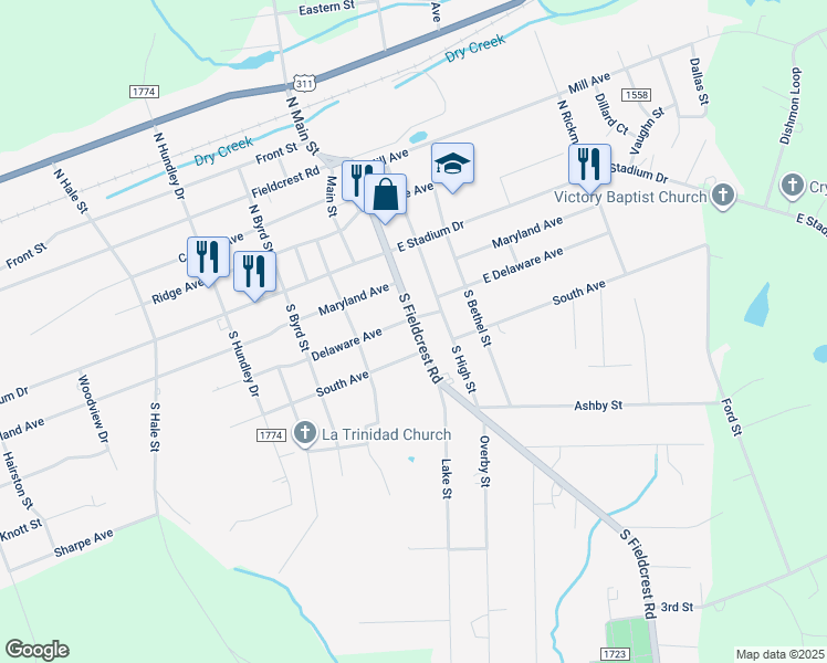 map of restaurants, bars, coffee shops, grocery stores, and more near 205 South Fieldcrest Road in Eden