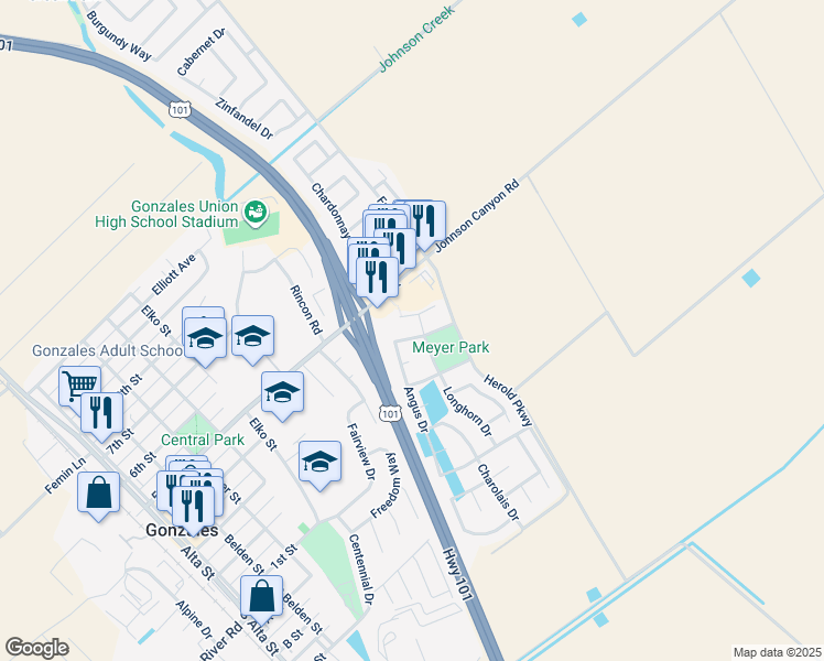 map of restaurants, bars, coffee shops, grocery stores, and more near 743 Holstein Way in Gonzales