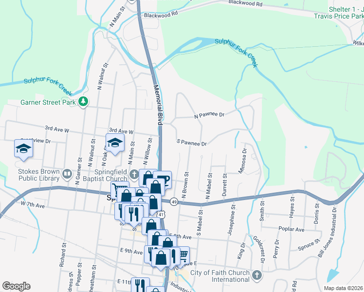 map of restaurants, bars, coffee shops, grocery stores, and more near 403 South Pawnee Drive in Springfield