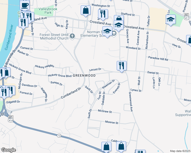 map of restaurants, bars, coffee shops, grocery stores, and more near 724 Woodmont Boulevard in Clarksville