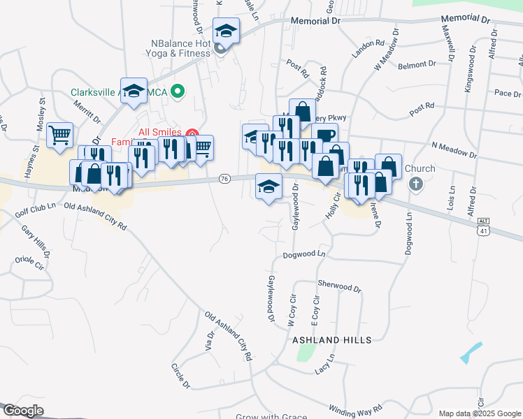 map of restaurants, bars, coffee shops, grocery stores, and more near 1920 Madison Street in Clarksville