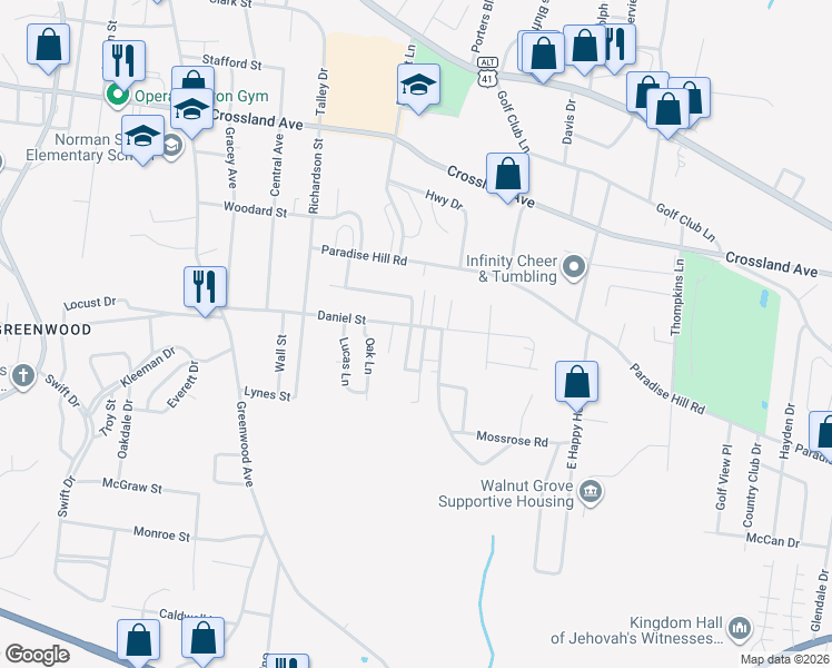 map of restaurants, bars, coffee shops, grocery stores, and more near 1302 Daniel Street in Clarksville