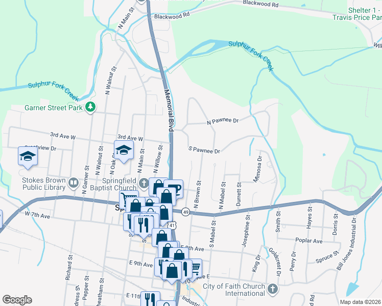 map of restaurants, bars, coffee shops, grocery stores, and more near 403 South Pawnee Drive in Springfield