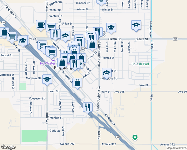 map of restaurants, bars, coffee shops, grocery stores, and more near 1200 Smith Street in Kingsburg