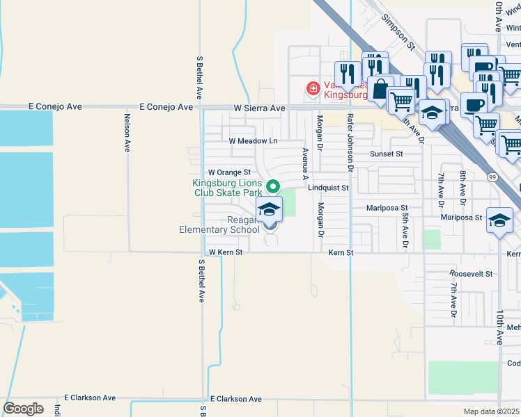 map of restaurants, bars, coffee shops, grocery stores, and more near 1447 Avenue E in Kingsburg